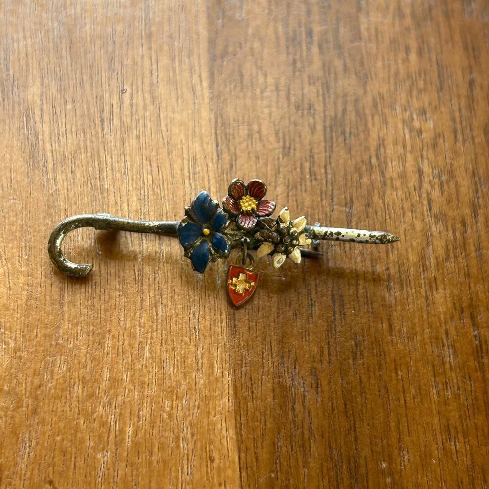 Vintage Enamel Swiss Floral Cane Brooch | Floral Cane Charm Pin